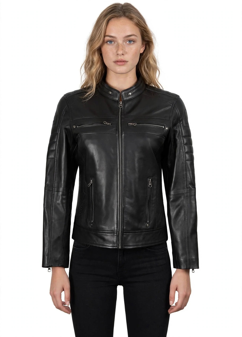 Women's Black Cafe Racer Leather Jacket - Lambskin Biker Style