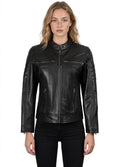 Women's Black Cafe Racer Leather Jacket - Lambskin Biker Style