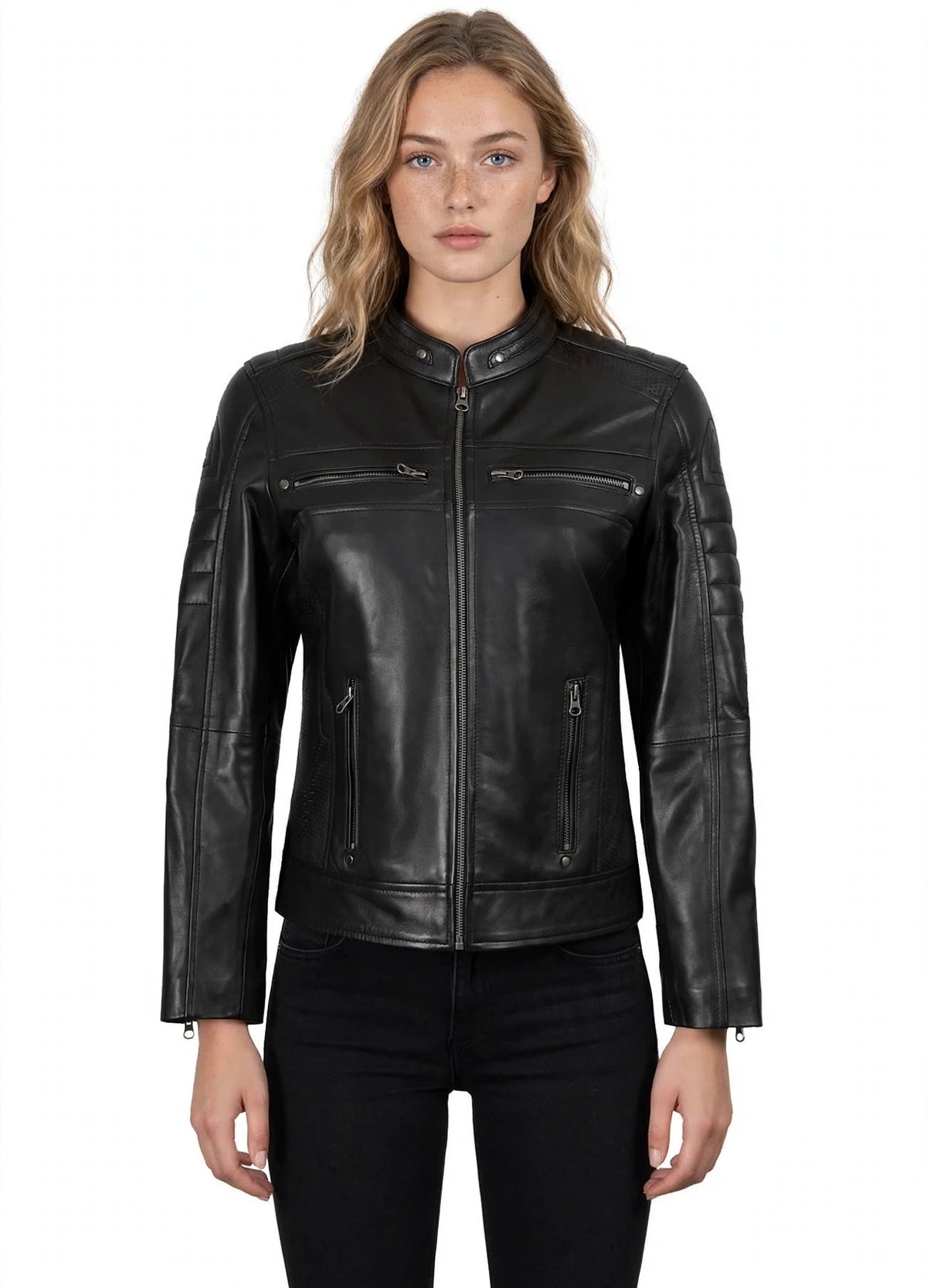 Women's Black Cafe Racer Leather Jacket - Lambskin Biker Style