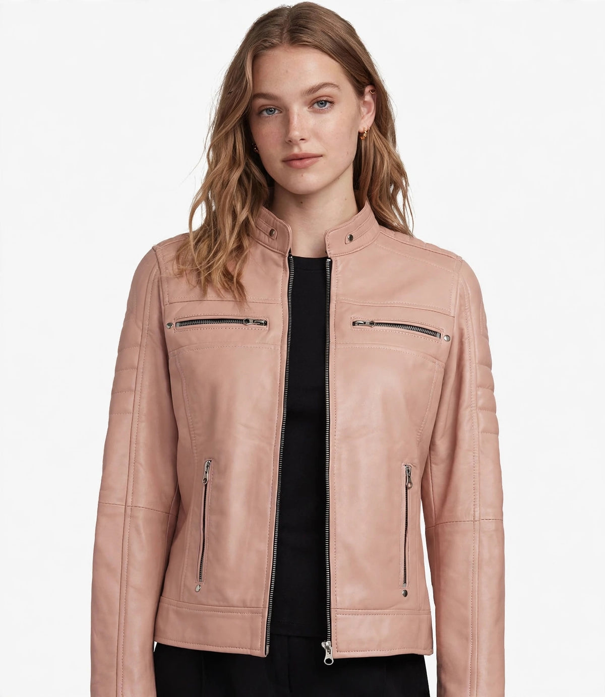 Women's Cafe Racer Leather Jacket - Blush Pink | North Hide London