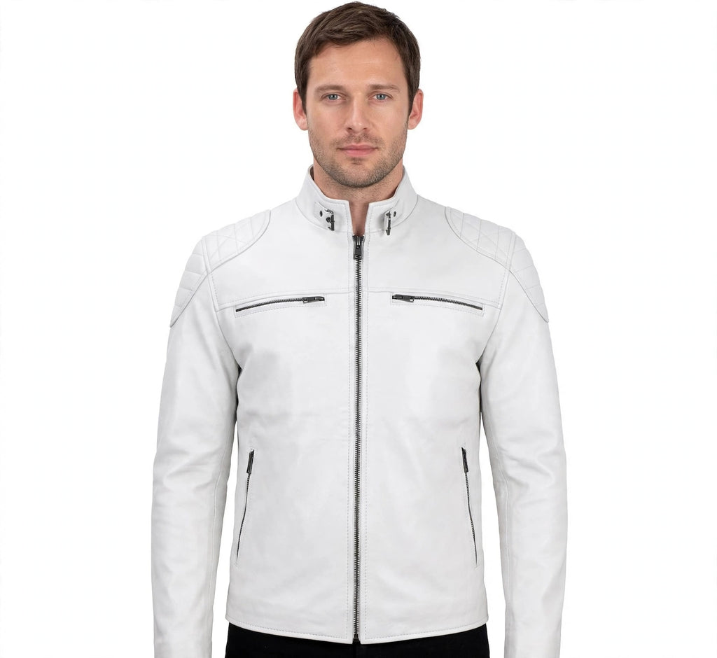 Men's White Leather Cafe Racer Biker Jacket | Genuine Lambskin | Quilted Shoulders