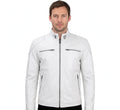 Men's White Leather Cafe Racer Biker Jacket | Genuine Lambskin | Quilted Shoulders