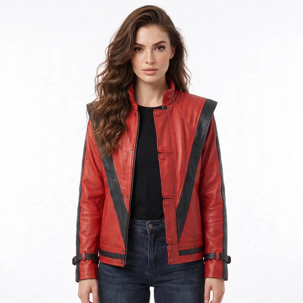 Women's Thriller MJ Red Leather Jacket - Michael Jackson Beat It Style | North Hide London