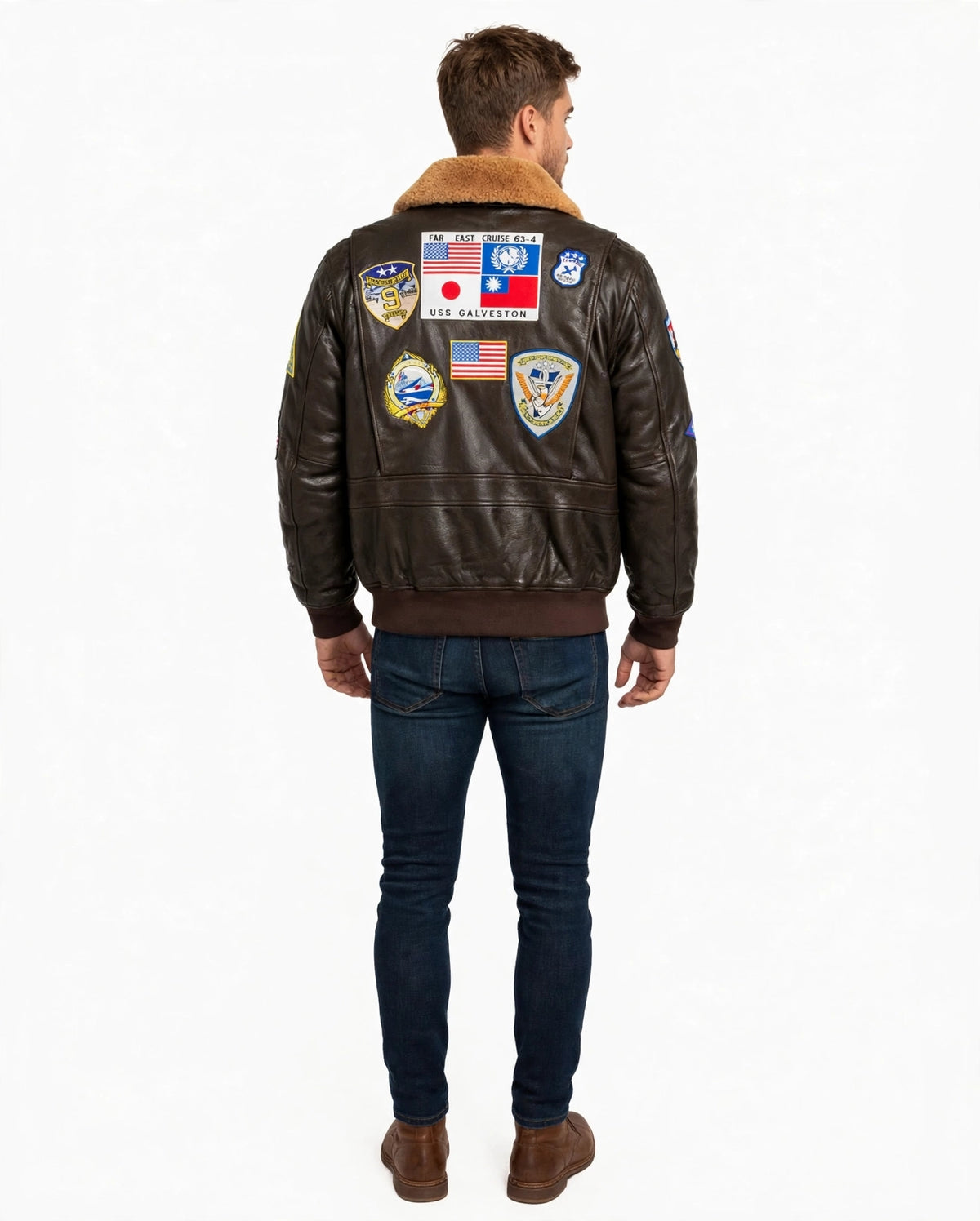 Top Gun G-1 Brown Leather Bomber Jacket with Patches - North Hide London