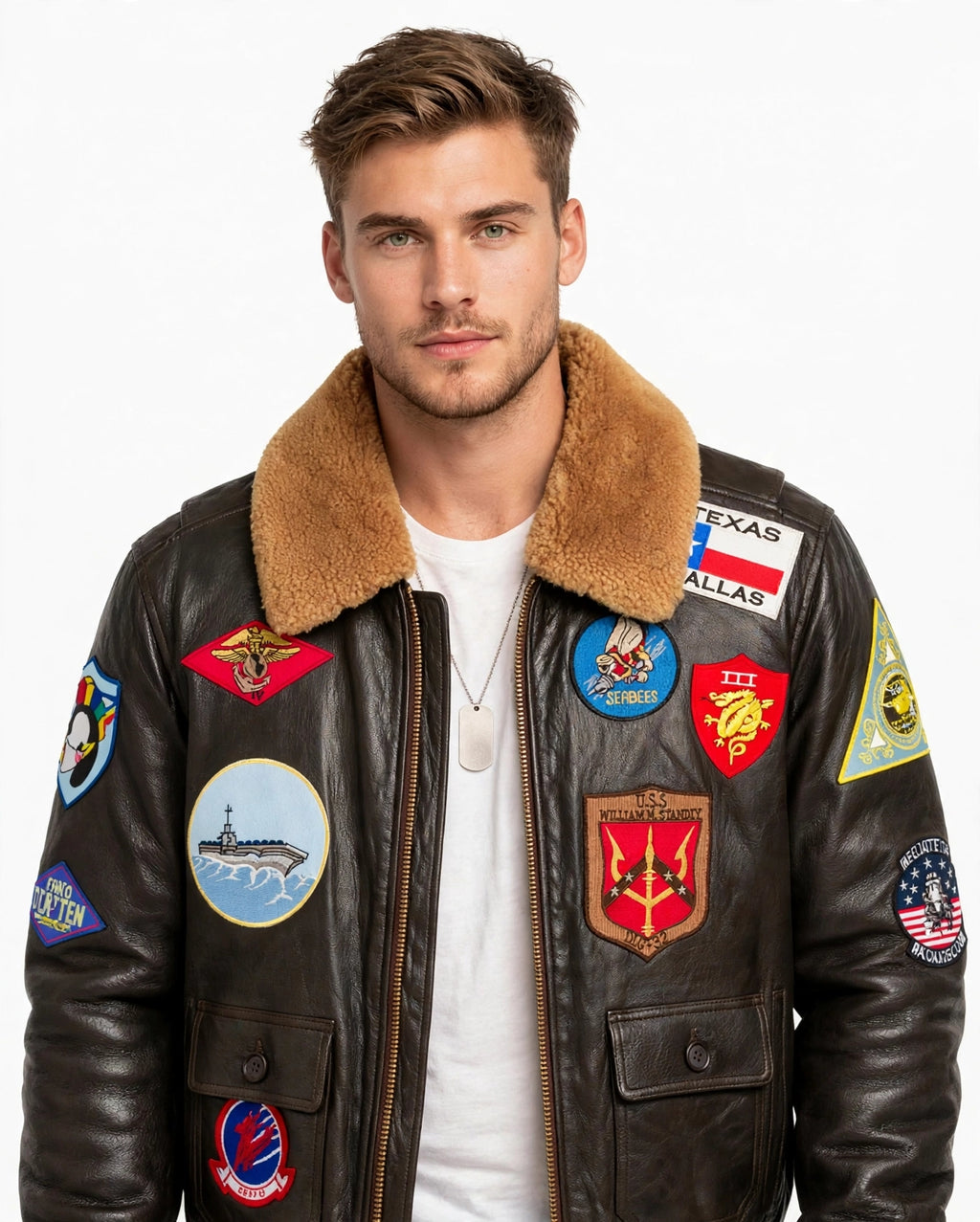 Top Gun G-1 Brown Leather Bomber Jacket with Patches - North Hide London