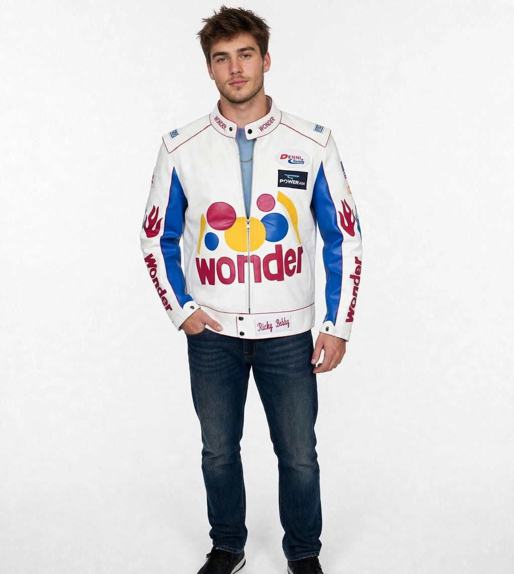 Ricky Bobby Wonder Racing Jacket - Talladega Nights White Blue Leather Jacket