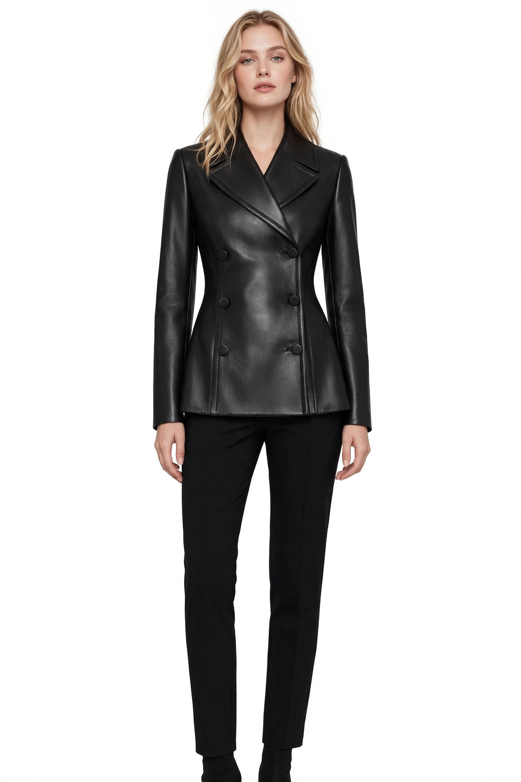 Noir Luxe - Women's Double Breasted Leather Blazer | Peplum Waist | Genuine Leather