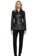 Noir Luxe - Women's Double Breasted Leather Blazer | Peplum Waist | Genuine Leather