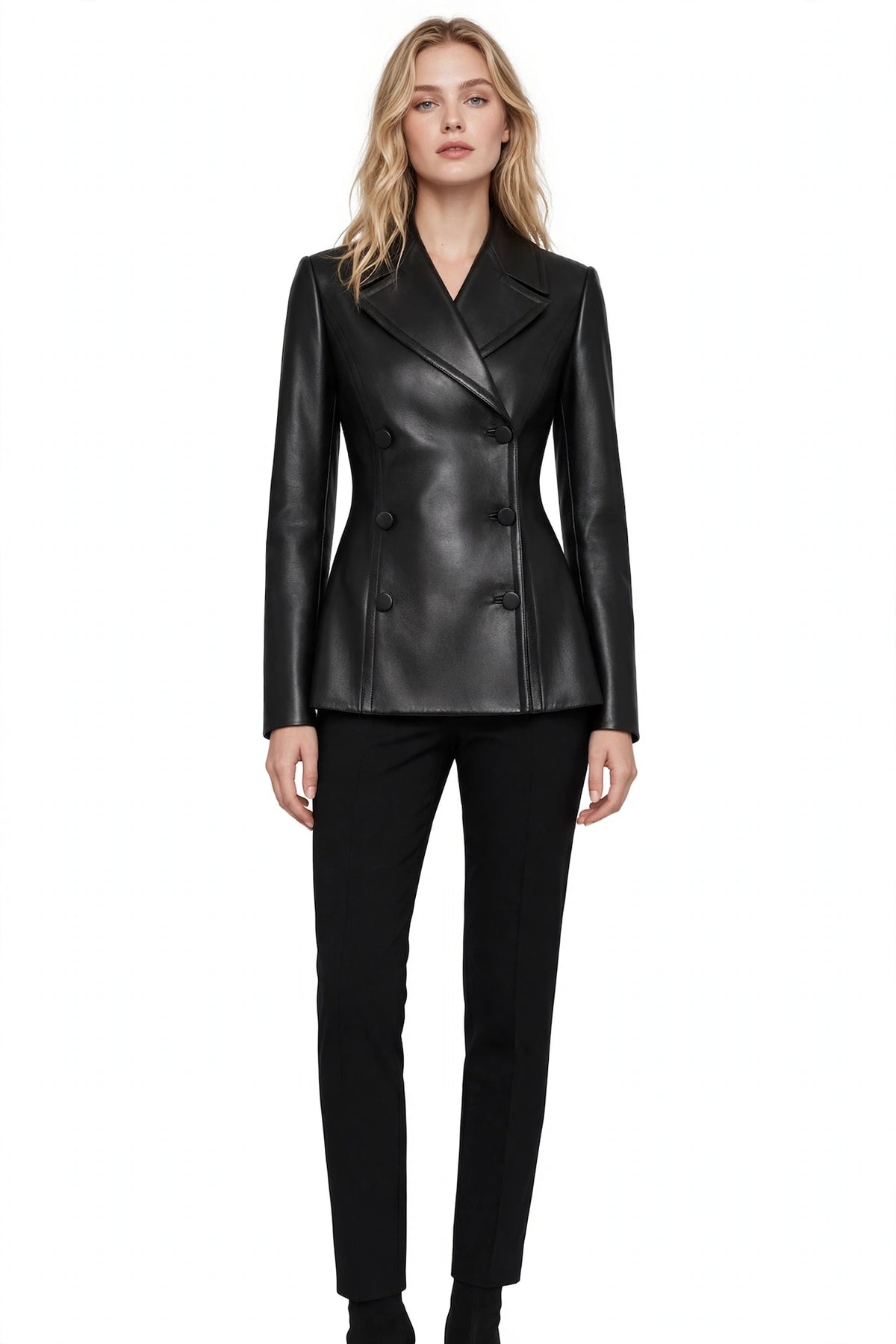 Noir Luxe - Women's Double Breasted Leather Blazer | Peplum Waist | Genuine Leather