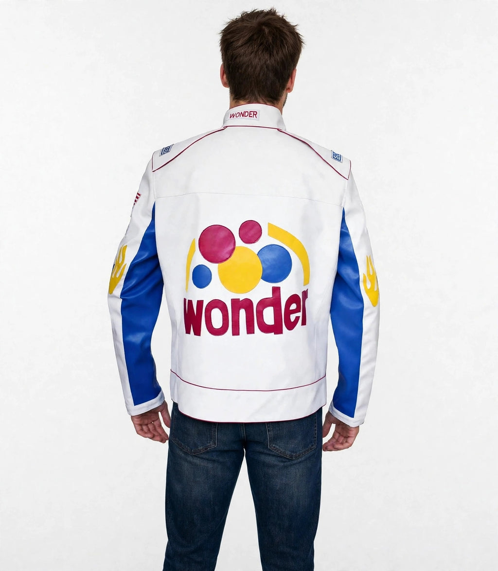 Ricky Bobby Wonder Racing Jacket - Talladega Nights White Blue Leather Jacket