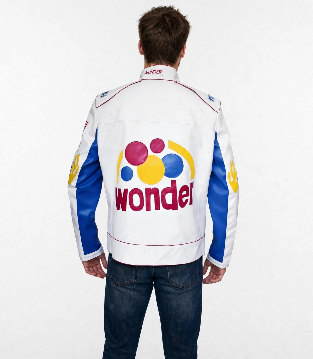 Ricky Bobby Wonder Racing Jacket - Talladega Nights White Blue Leather Jacket