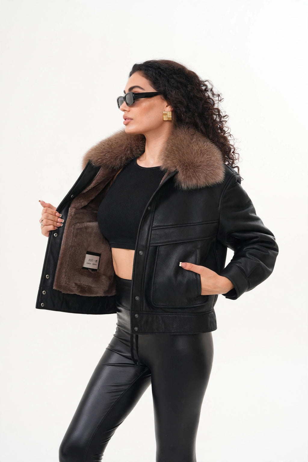 Women's Black Shearling Aviator Jacket with Brown Fox Fur Collar | B-15 Bomber Leather Jacket