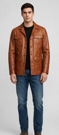 Men's Tan Brown Leather Safari Jacket | 4 Pocket Field Jacket