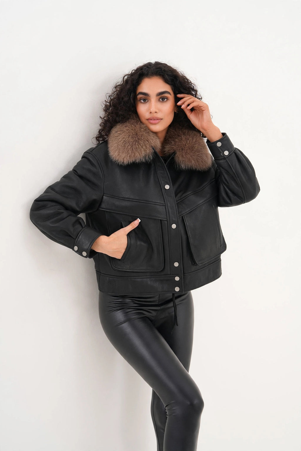 Women's Black Shearling Aviator Jacket with Brown Fox Fur Collar | B-15 Bomber Leather Jacket
