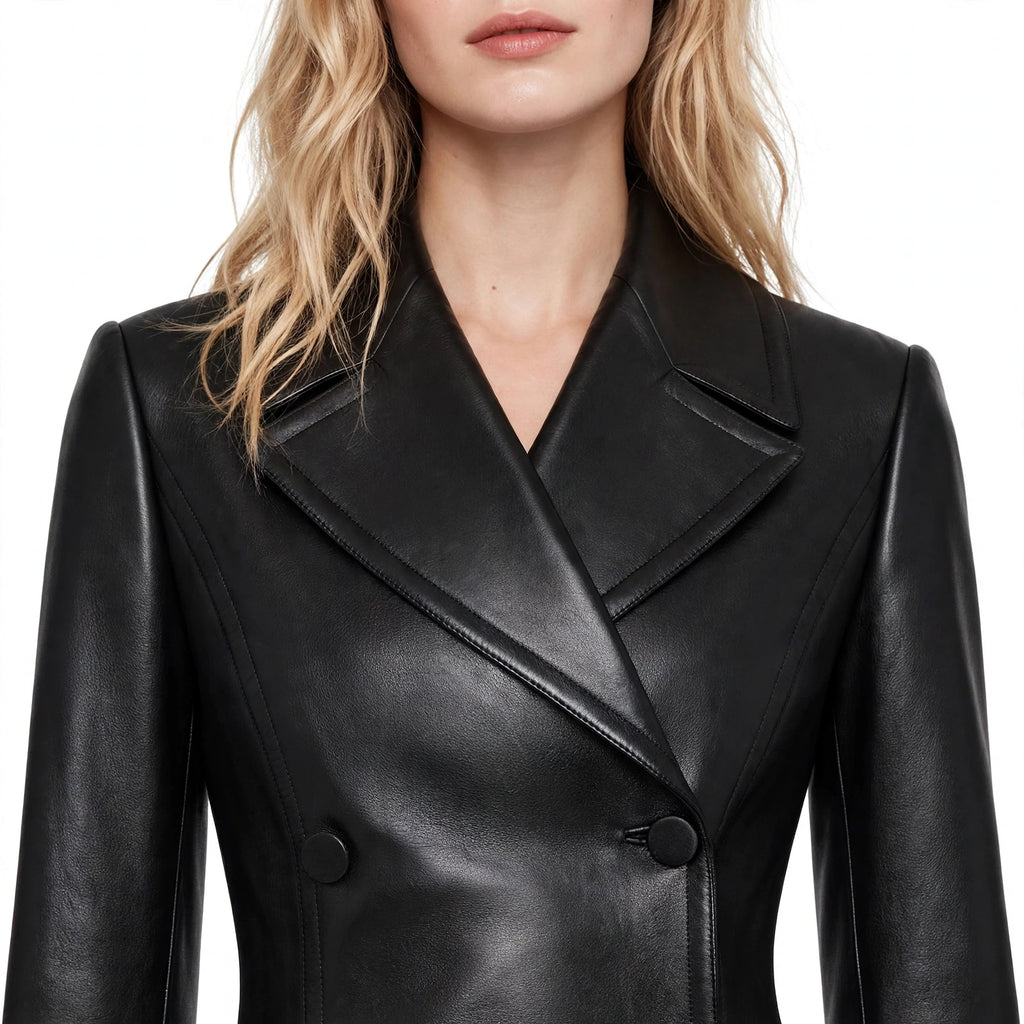 Noir Luxe - Women's Double Breasted Leather Blazer | Peplum Waist | Genuine Leather