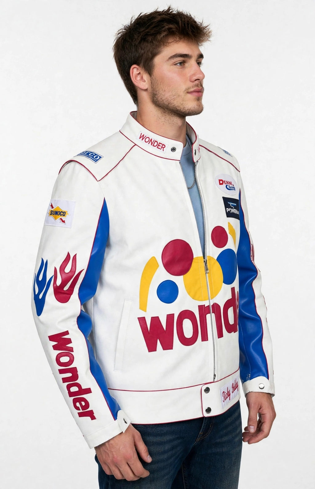 Ricky Bobby Wonder Racing Jacket - Talladega Nights White Blue Leather Jacket