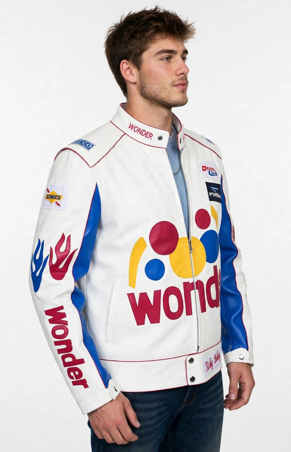 Ricky Bobby Wonder Racing Jacket - Talladega Nights White Blue Leather Jacket