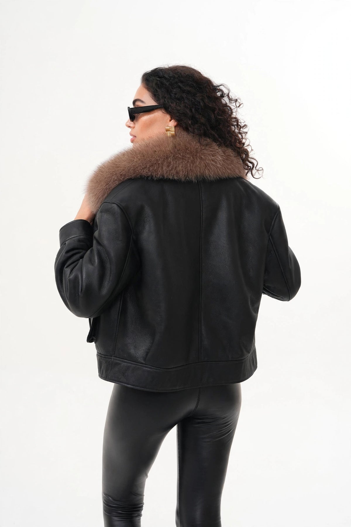 Women's Black Shearling Aviator Jacket with Brown Fox Fur Collar | B-15 Bomber Leather Jacket