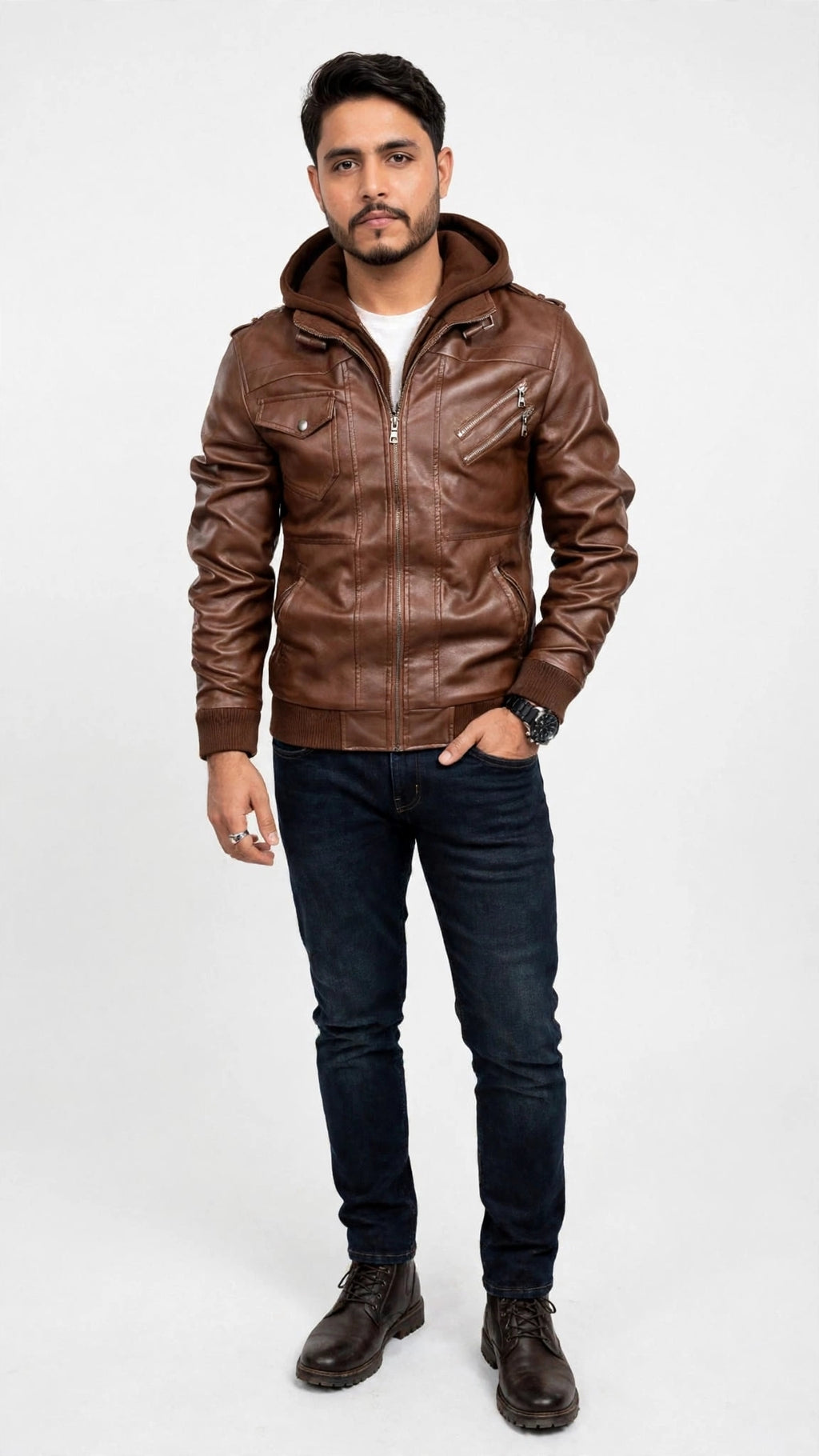 Mens Brown Leather Bomber Jacket with Removable Hood | Biker Style Hooded Leather Jacket