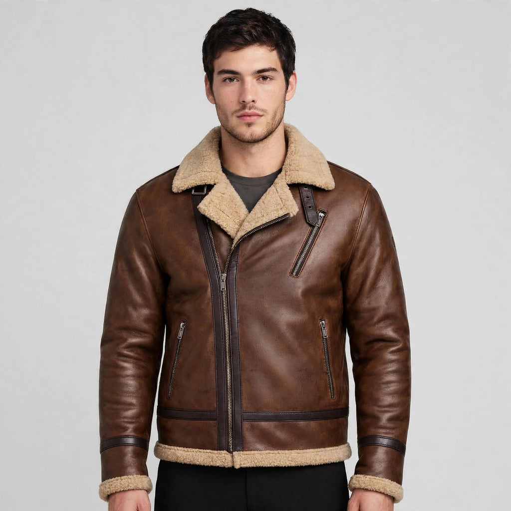 Men's Brown Shearling Aviator Leather Jacket | B3 Bomber Winter Jacket