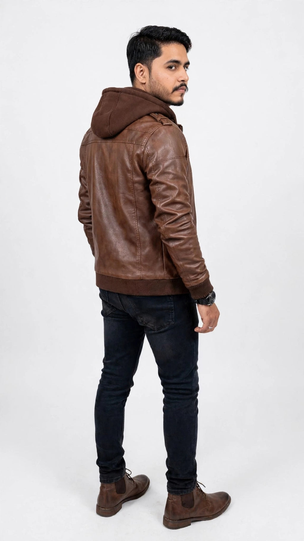Mens Brown Leather Bomber Jacket with Removable Hood | Biker Style Hooded Leather Jacket