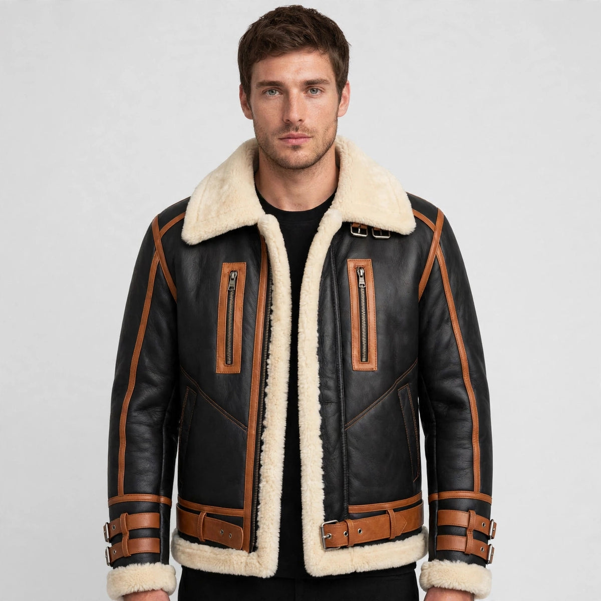 Men's Black Shearling B3 Aviator Bomber Jacket with Tan Brown Trim - RAF Flight Jacket