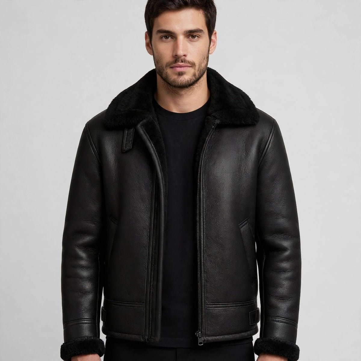 Men's Black Shearling Aviator Leather Jacket | RAF B3 Bomber Jacket - Winter Warm