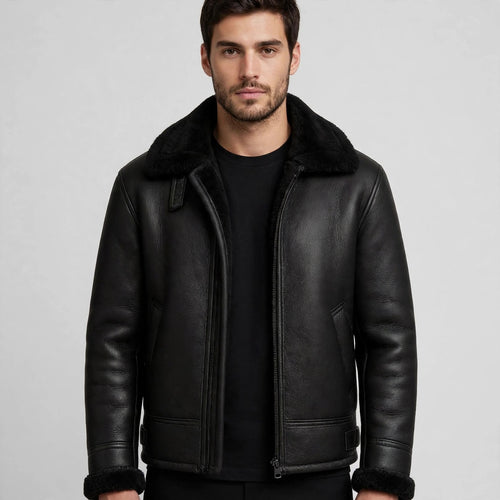 Men's Black Shearling Aviator Leather Jacket | RAF B3 Bomber Jacket - Winter Warm