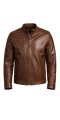 Men's Brown Cafe Racer Leather Jacket | Genuine Leather Motorcycle Jacket