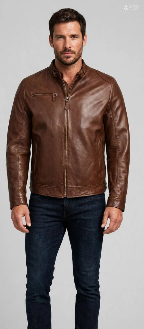 Men's Brown Cafe Racer Leather Jacket | Genuine Leather Motorcycle Jacket