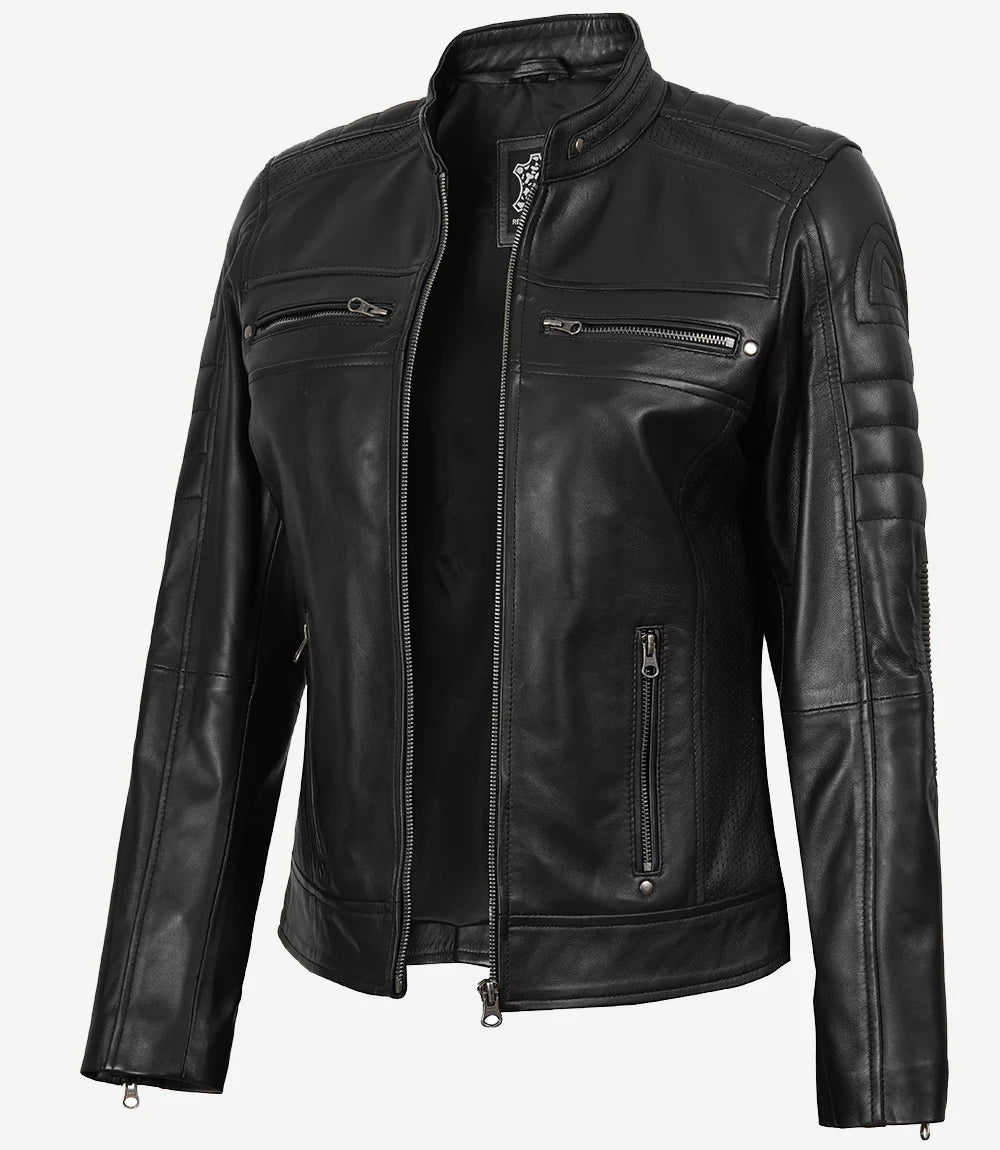 Women's Black Cafe Racer Leather Jacket - Lambskin Biker Style