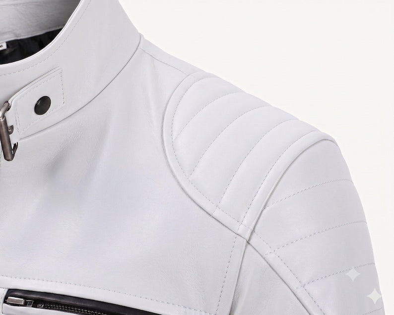 Men's White Leather Cafe Racer Biker Jacket | Genuine Lambskin | Quilted Shoulders