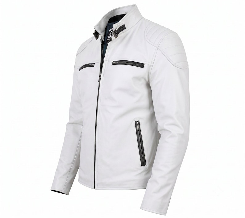 Men's White Leather Cafe Racer Biker Jacket | Genuine Lambskin | Quilted Shoulders