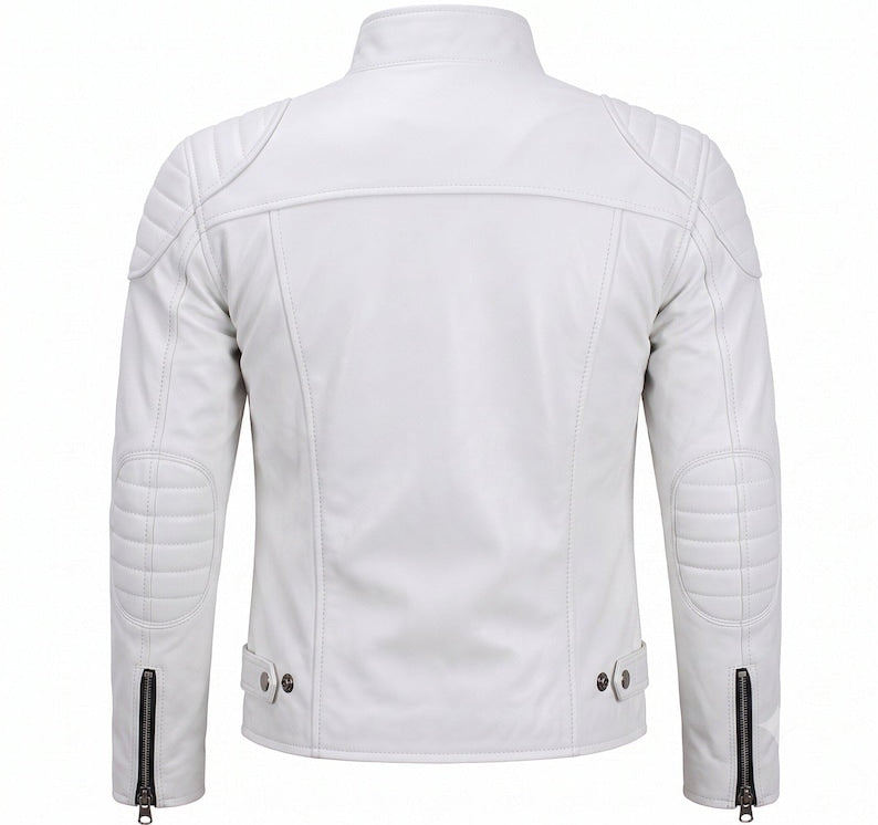 Men's White Leather Cafe Racer Biker Jacket | Genuine Lambskin | Quilted Shoulders