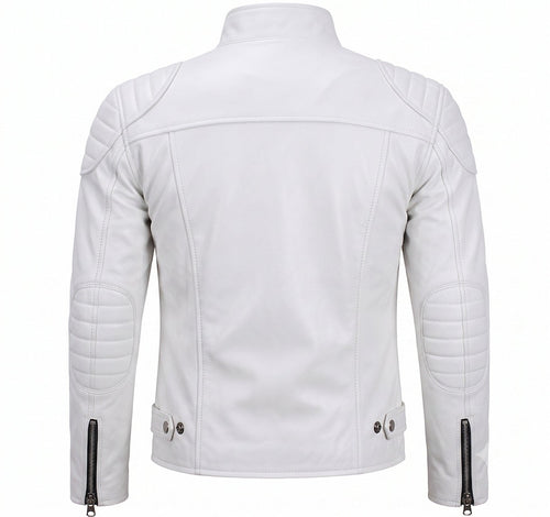 Men's White Leather Cafe Racer Biker Jacket | Genuine Lambskin | Quilted Shoulders