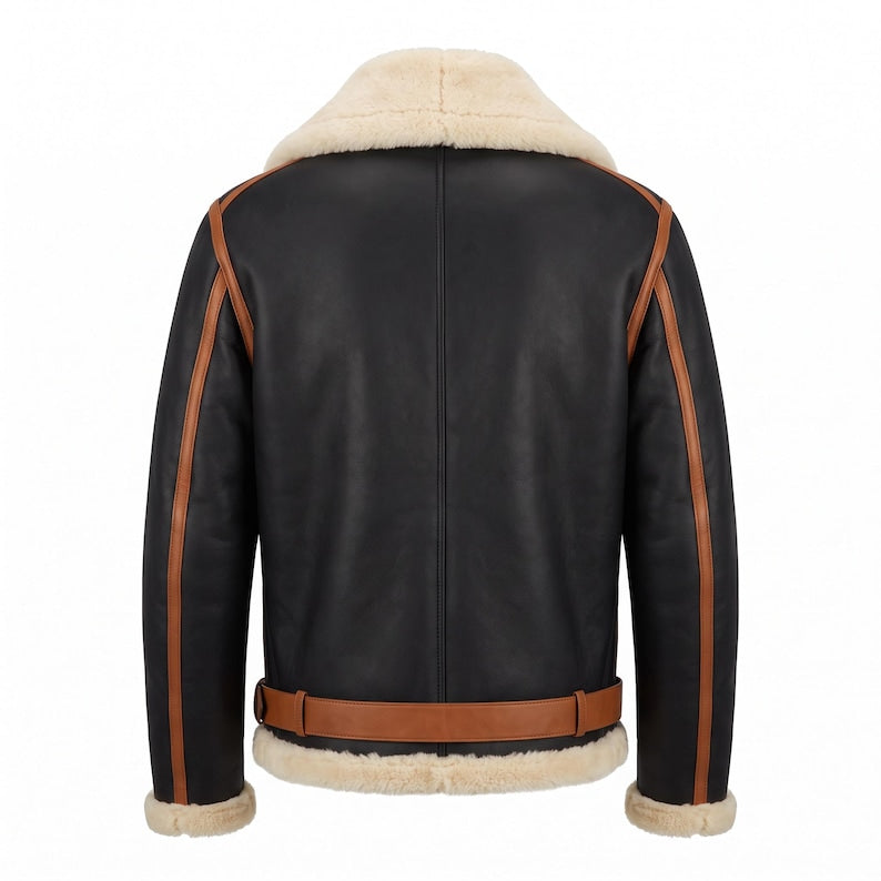 Men's Black Shearling B3 Aviator Bomber Jacket with Tan Brown Trim - RAF Flight Jacket