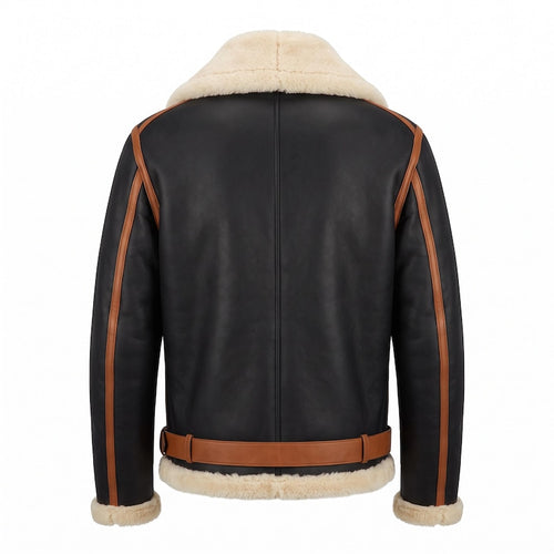 Men's Black Shearling B3 Aviator Bomber Jacket with Tan Brown Trim - RAF Flight Jacket